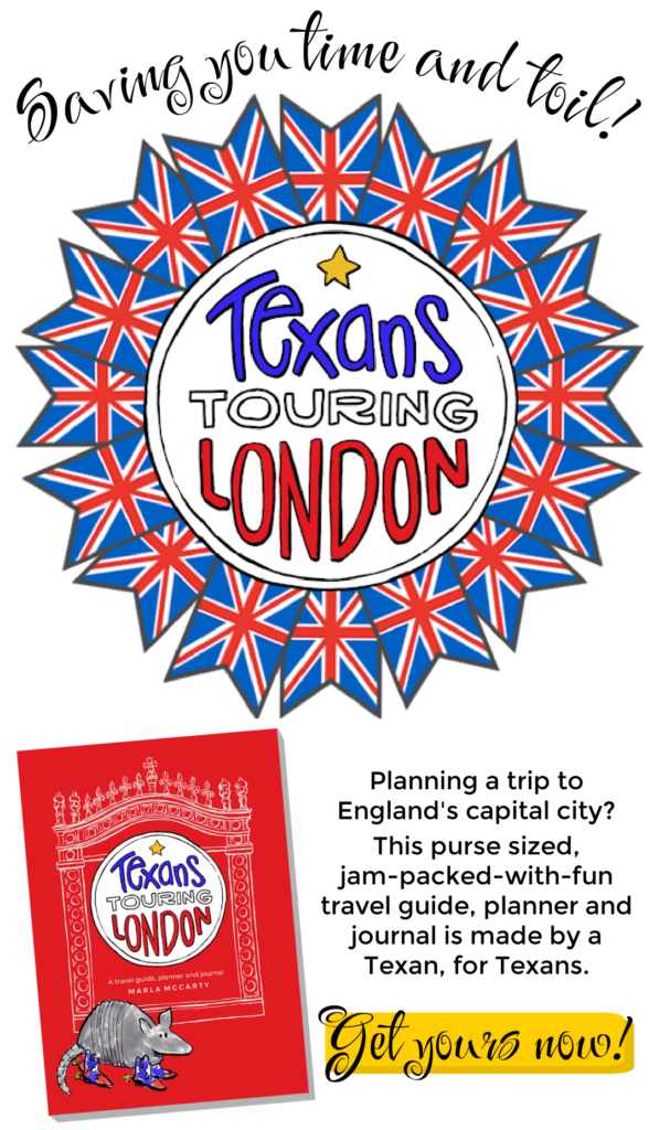 Red, blue and white British bunting surrounds the Texans Touring LONDON logo and heralds a call to "Get Yours Now!"